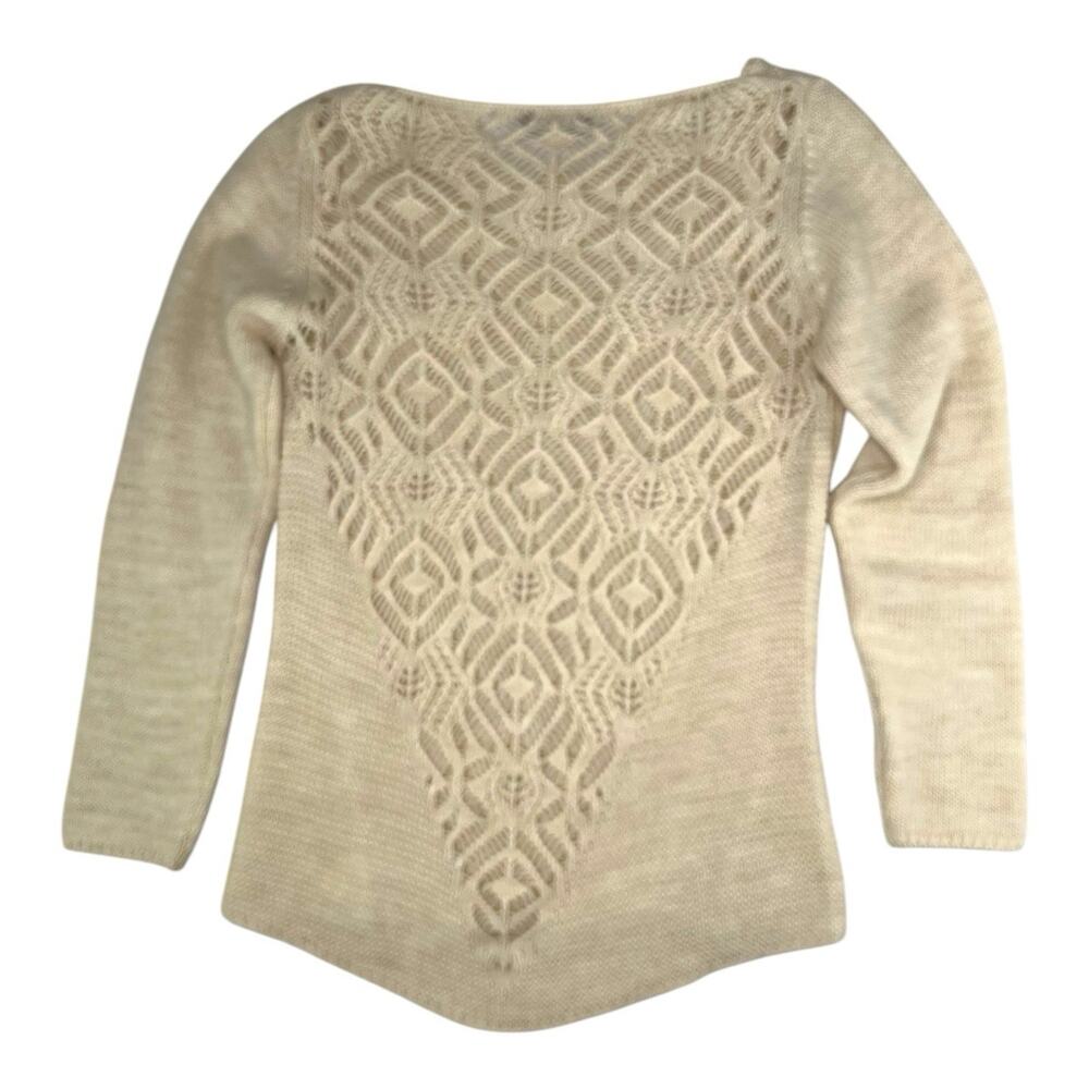 Crochet Cutout Back Italian‎ Knit Cream lightweight Sweater Womens Sz Lg EUC